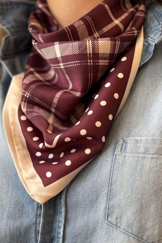 Plaid & Polka Border Triangle Silk Neckerchief Burgundy